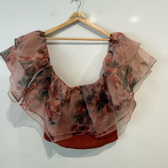 Anthropologie DOLAN Tiered Organza Floral Chiffon Off-Shoulder Top - Picture 5 of 12